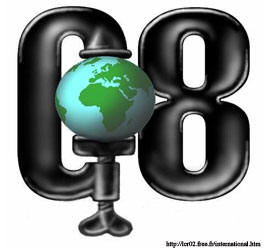Graphic of the G8 squeezing the world. The G in G8 is drawn as a clamp screwing down on the world.