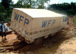 Truck delivering World Food Program aid in Liberia.  High food prices have drastically reduced the amount of food aid  that can be supplied to countries in need. WFP/Fidel Mazobe - Liberia