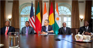 President Obama met with four West African presidents on Friday, July 28 in the White House (from left, President Mahamadou Issoufou of Niger, President Boni Yayi of Benin, President Alpha Cond� of Guinea, and President Alassane Ouattara of Cote D�Ivoire). Photo: Philip Scott Andrews/The New York Times