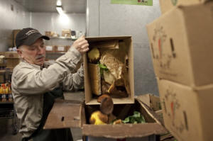 Photo of grocery store worker dumping old produce for recycling. Supermarkets take up composting, but waste disposal system lags: The composting movement is inching forward in fits and starts, but the nation�s trash disposal system lacks the ability to process food waste on a large scale.&nbsp;Photo: Jared Soares/Washington Post