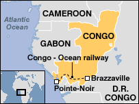 Map of the Brazzaville to the Atlantic ocean railroad in the Democratic Republic of the Congo