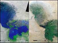Lake Chad, which once straddled the borders of Chad, Niger, Nigeria and Cameroon, has shrunk by an estimated 95% since the mid 1960s, due to the growth of agriculture and declining rainfall. Image: Unep