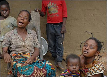 "We have lost four children in four months to fever," says Therese Tchausi (seated). Local health official Merveille Njolombe says malnutrition is a big problem in villages like Misoke. "We also see a lot of malaria, bilharzia and intestinal worms." Some 727,000 people died in excess of normal mortality between January 2006 and April 2007 and nearly half of these were among children under the age of five. "Life here is difficult, we live like dogs," says Bilenda Francois. Photo: BBC