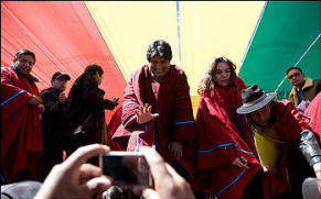 n the mostly indigenous city of Warisata, President Evo Morales greets a crowd of several thousand people commemorating Bolivia's National Day of the Indian on Saturday. Photo: Evan Abramson/Washington Post