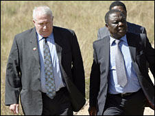 Bennett (L), proposed by his (opposition) party MDC as deputy agriculture minister in the new 'unity' government , lost his property under Mugabe's land reform program. He is to be tried for terrorism, a charge that his party views  as a politically motivated attempt to undermine the power-sharing agreement. Photo: AFP