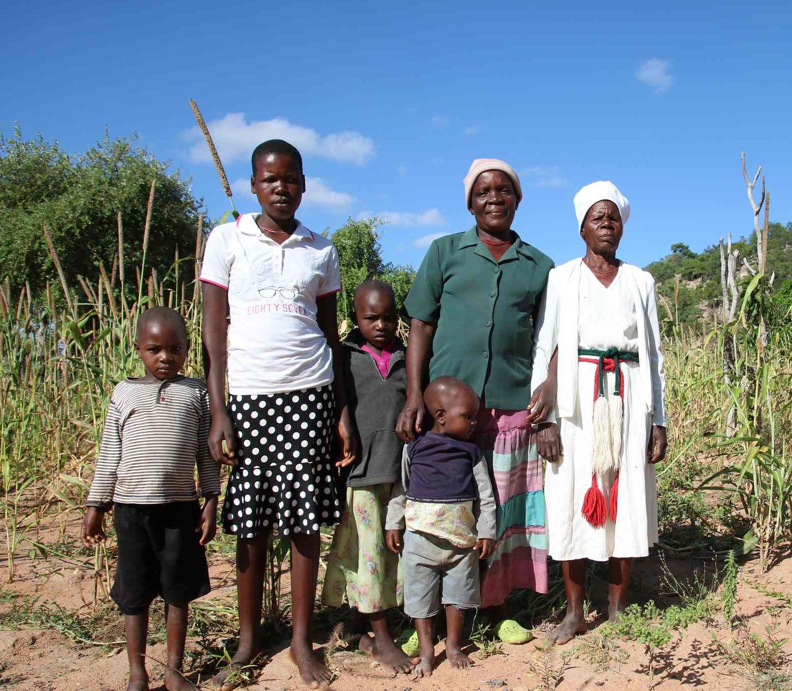The Mashango family stand in front of their drought-affected crops in the Buhera district of Zimbabwe. Photo: Tamara van Vliet/OCHA