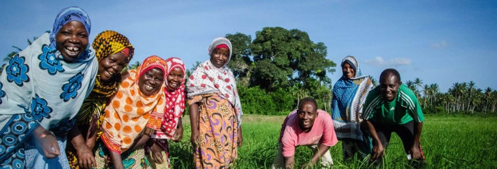 A group of African farmers participating in a USAID seed program pose in a field for a photo.