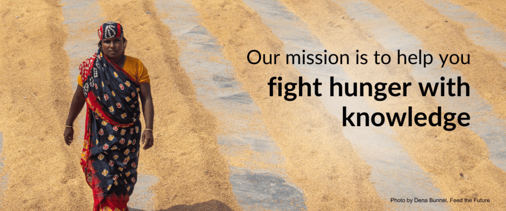 Woman in rice field with text overlay: Our mission is to help you fight hunger with knowledge